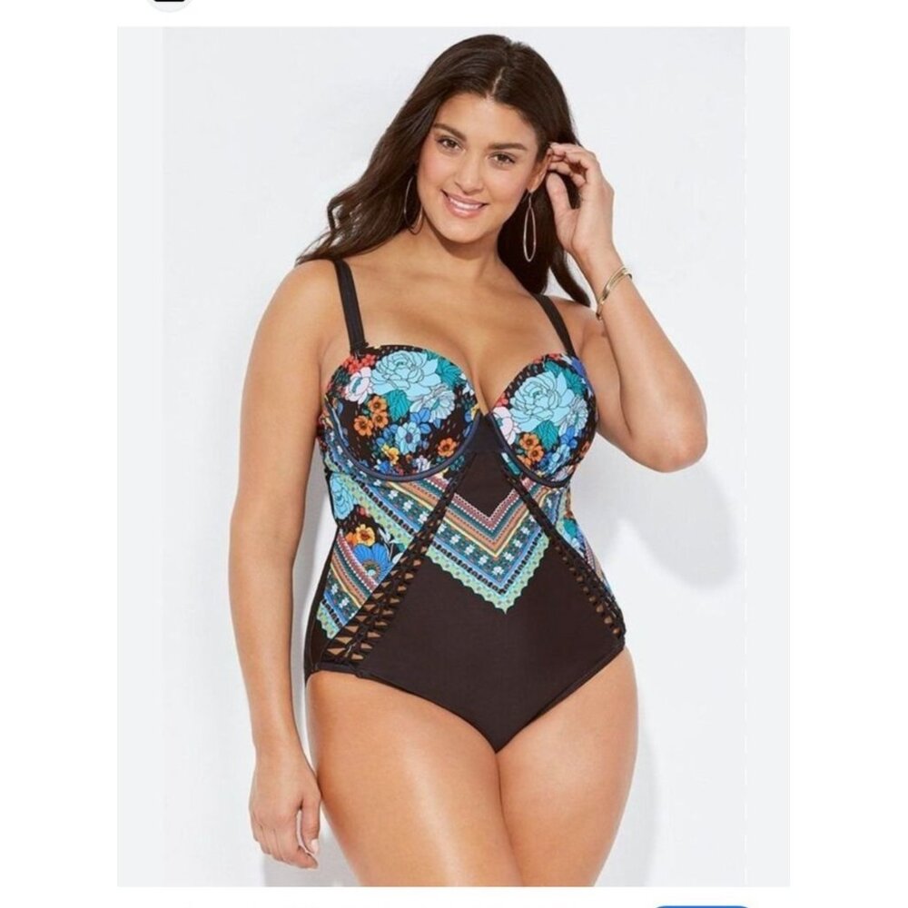 New! Swimsuits for All Black Floral Molded Cup Underwire Swimsuit Macrame Lace U